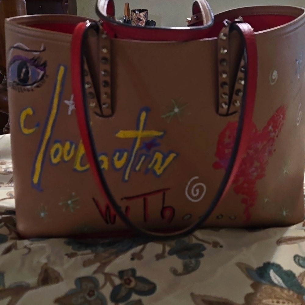 Christian Louboutin Calf Leather Tote Bag Graffiti Print